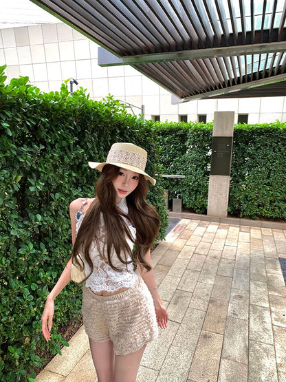 Round Neck Lace Crop Top & Fringe Shorts & Flared Pants