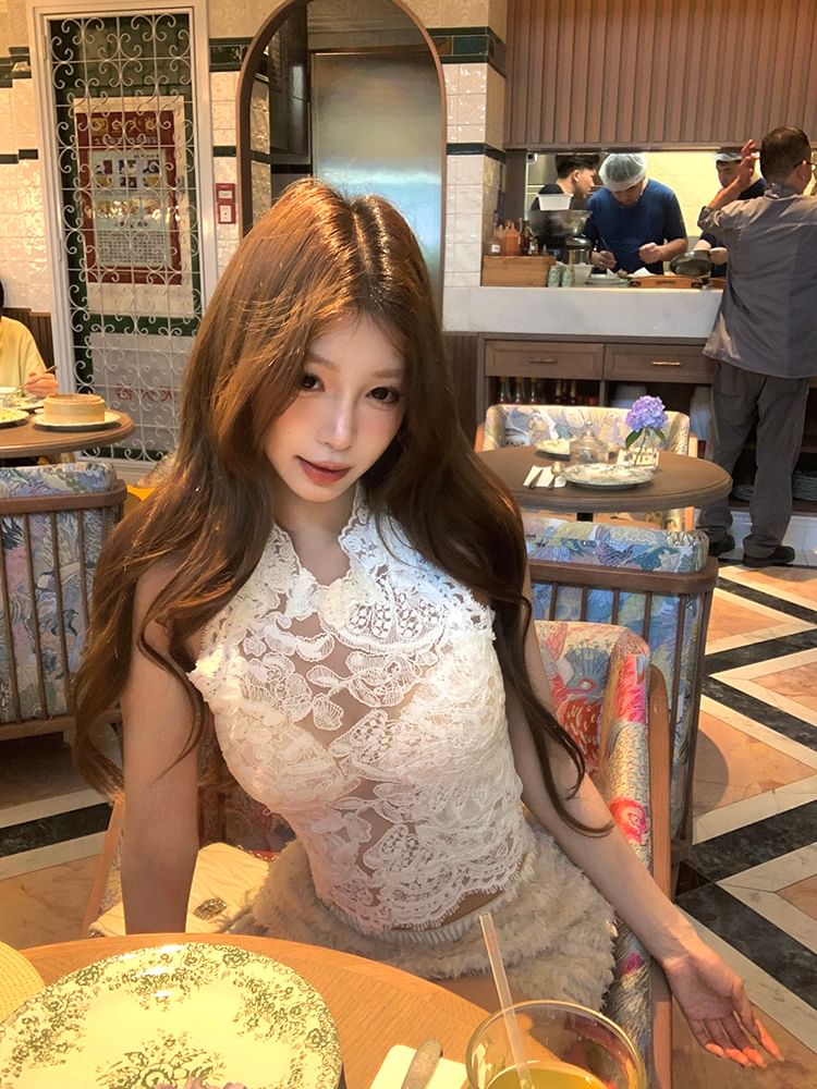 Round Neck Lace Crop Top & Fringe Shorts & Flared Pants