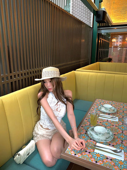 Round Neck Lace Crop Top & Fringe Shorts & Flared Pants