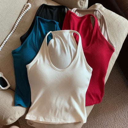 Plain Padded Scoop-Neck Racerback Slim Cropped Tank