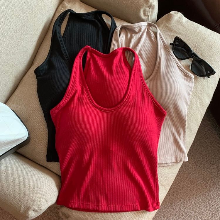 Plain Padded Scoop-Neck Racerback Slim Cropped Tank
