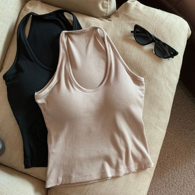 Plain Padded Scoop-Neck Racerback Slim Cropped Tank
