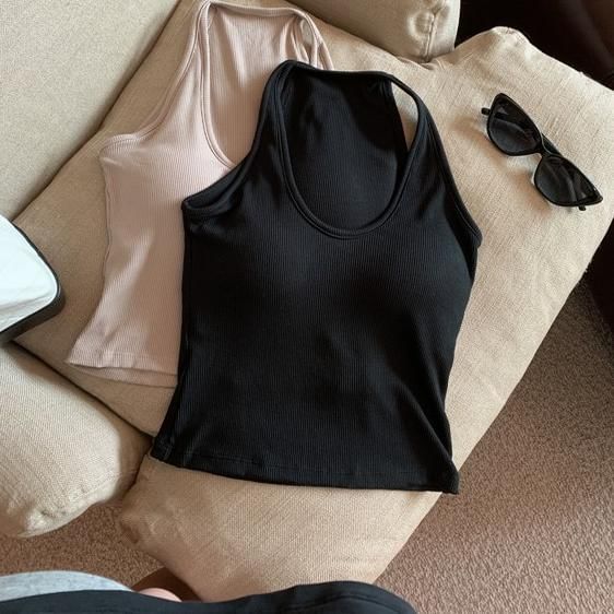 Plain Padded Scoop-Neck Racerback Slim Cropped Tank