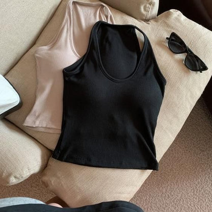 Plain Padded Scoop-Neck Racerback Slim Cropped Tank