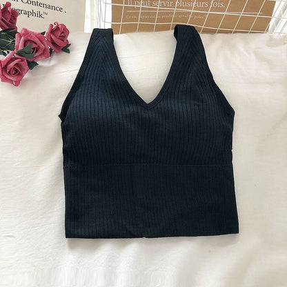 Plain Ribbed Padded V-Neck Tank