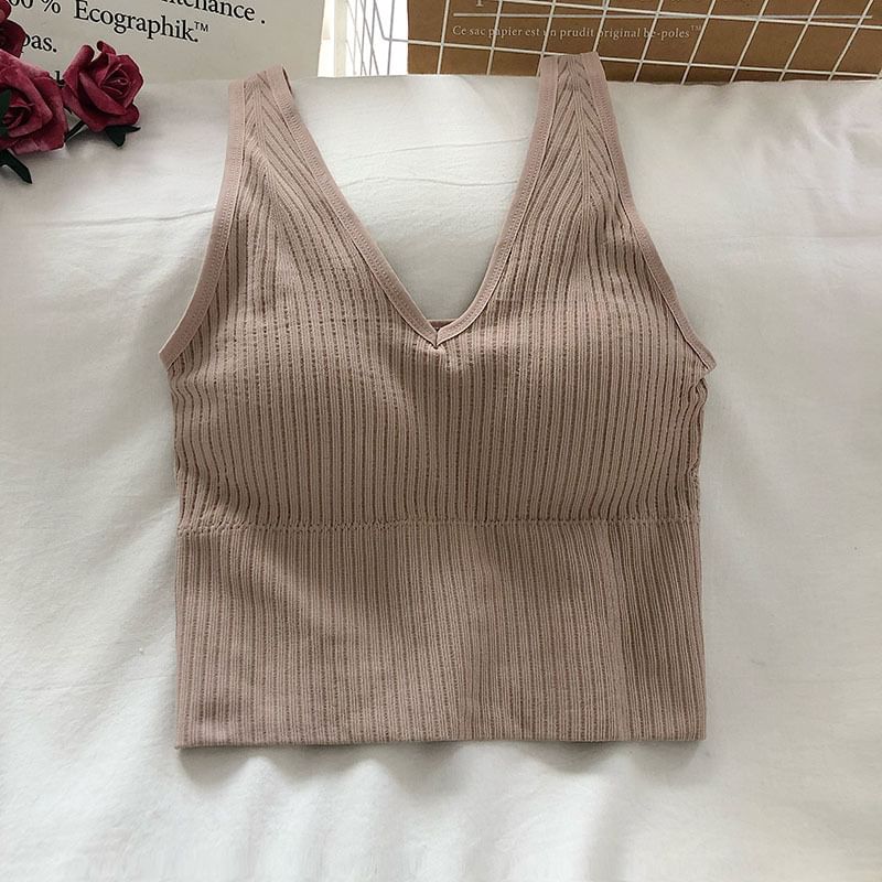 Plain Ribbed Padded V-Neck Tank