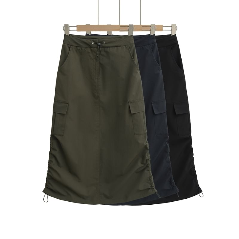 Drawstring Midi Pencil Cargo Skirt