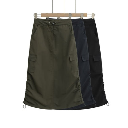 Drawstring Midi Pencil Cargo Skirt