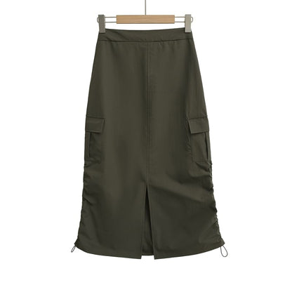 Drawstring Midi Pencil Cargo Skirt