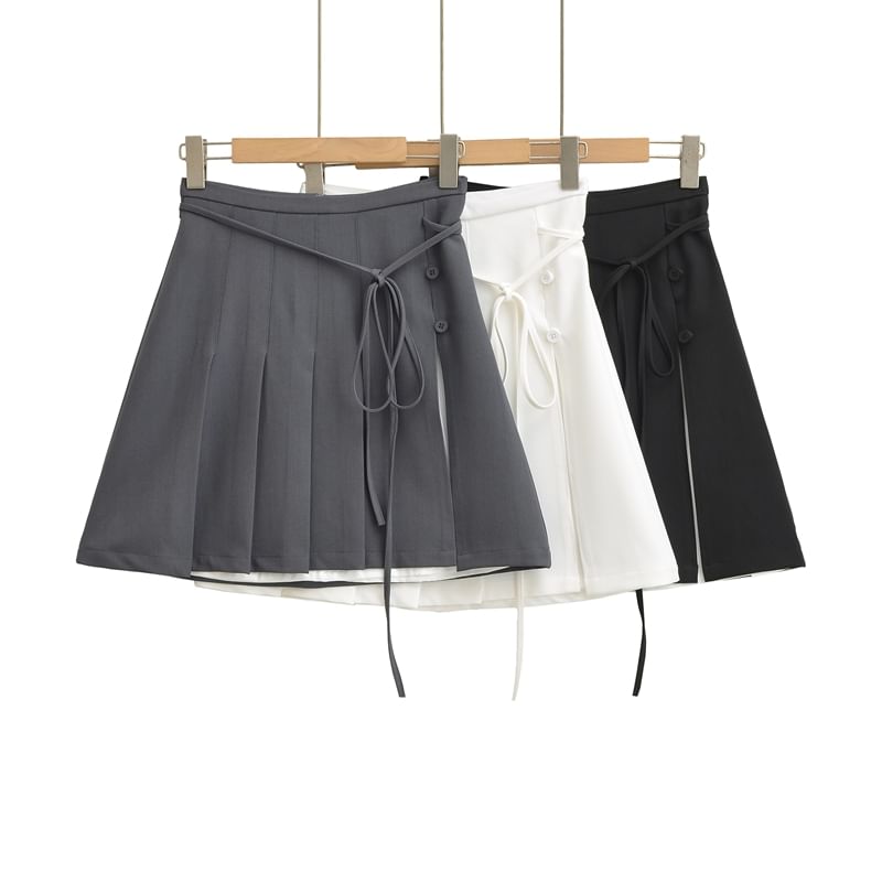 Pleated Tie-Up Slit Panel Mini Skirt