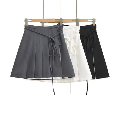 Pleated Tie-Up Slit Panel Mini Skirt
