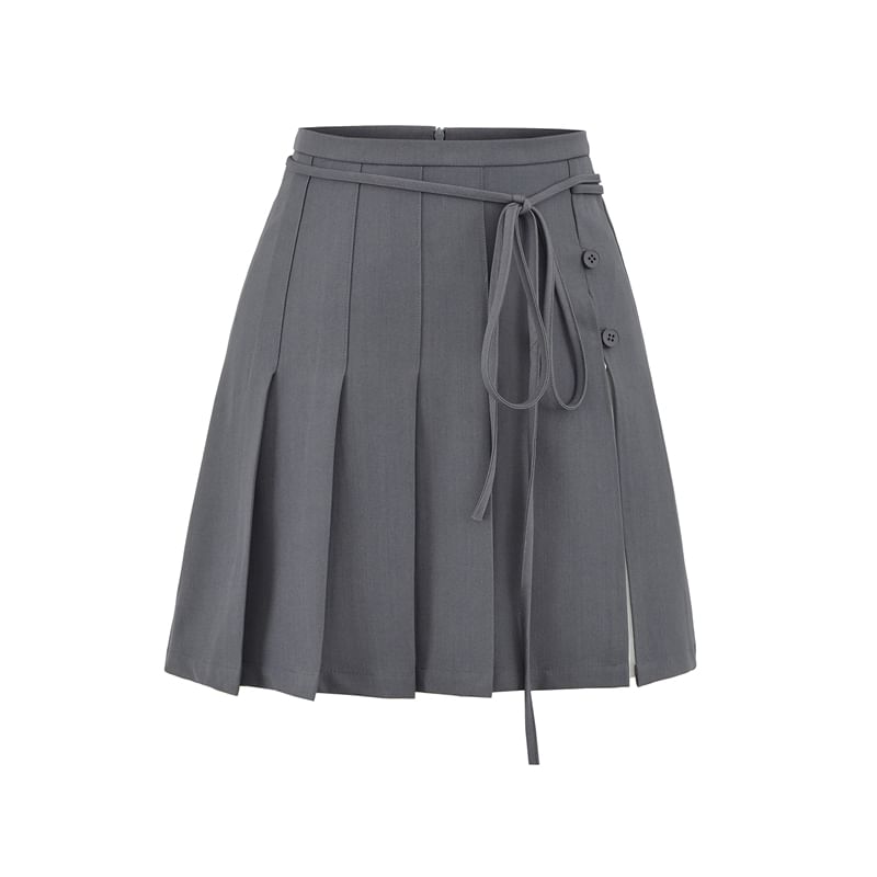 Pleated Tie-Up Slit Panel Mini Skirt