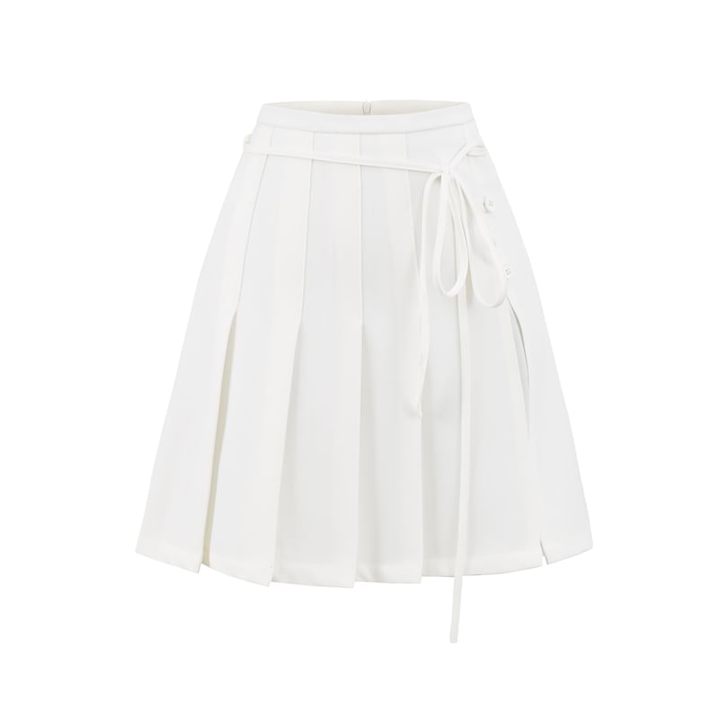 Pleated Tie-Up Slit Panel Mini Skirt