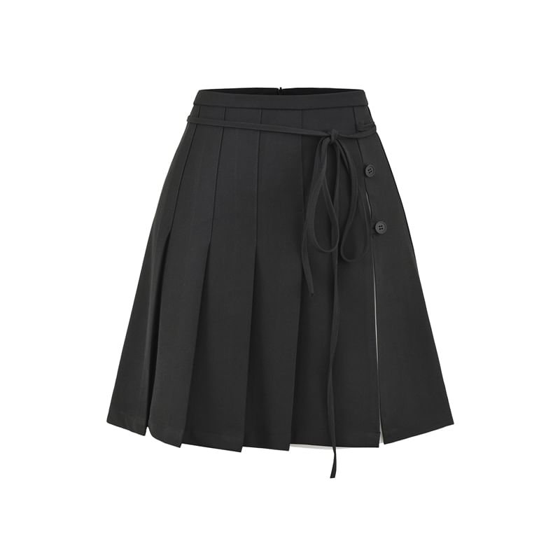 Pleated Tie-Up Slit Panel Mini Skirt
