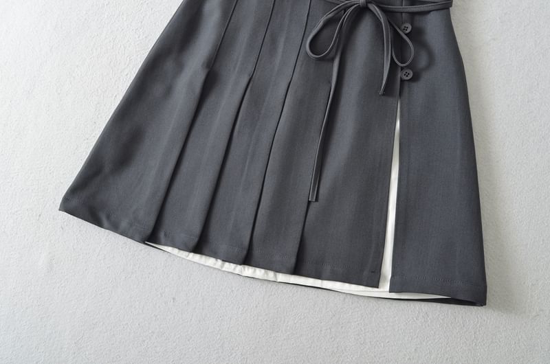 Pleated Tie-Up Slit Panel Mini Skirt