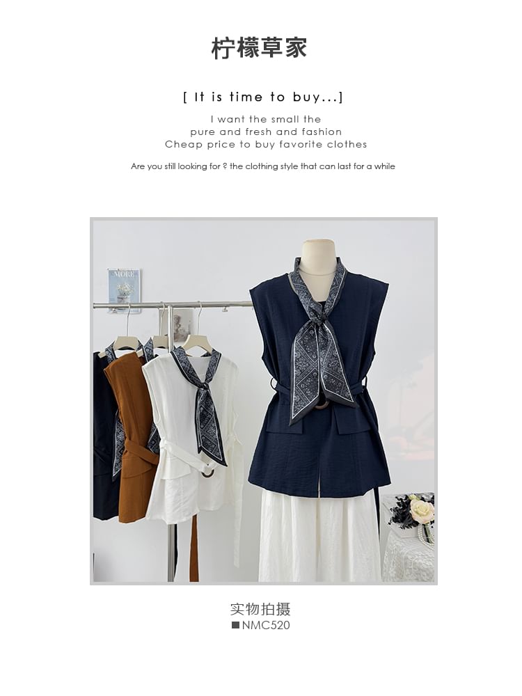 Plain Slit Sleeveless Round-Neck Blouse Set with Belt & Scarf