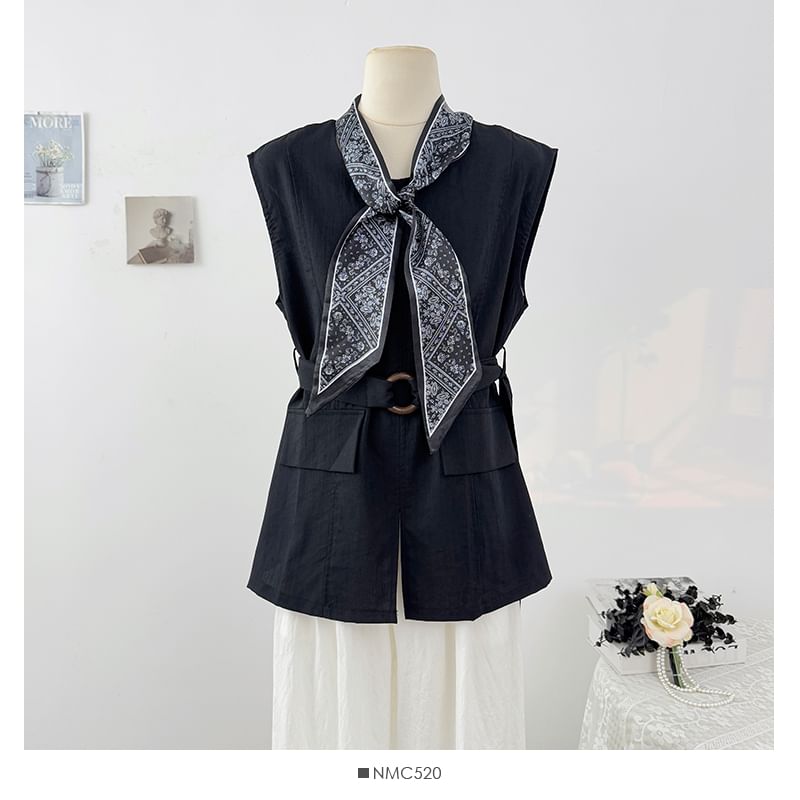 Plain Slit Sleeveless Round-Neck Blouse Set with Belt & Scarf