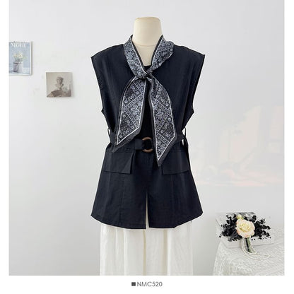 Plain Slit Sleeveless Round-Neck Blouse Set with Belt & Scarf