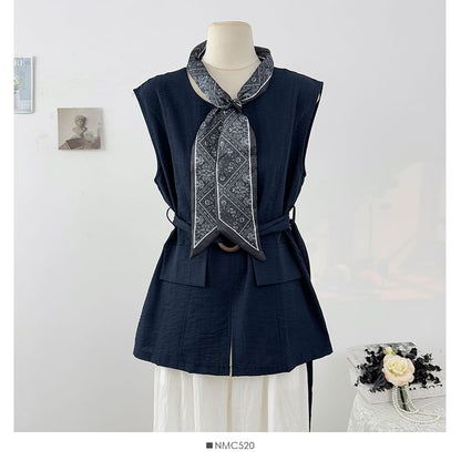 Plain Slit Sleeveless Round-Neck Blouse Set with Belt & Scarf