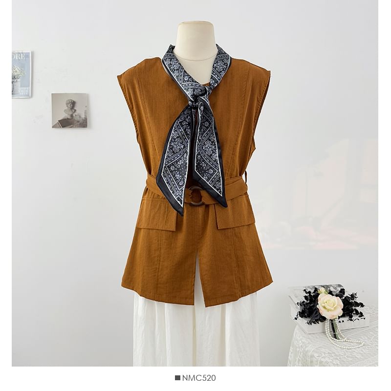 Plain Slit Sleeveless Round-Neck Blouse Set with Belt & Scarf