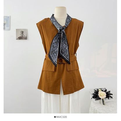 Plain Slit Sleeveless Round-Neck Blouse Set with Belt & Scarf