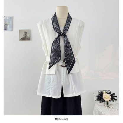 Plain Slit Sleeveless Round-Neck Blouse Set with Belt & Scarf