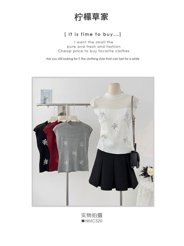 Sequin Sheer Mock-Neck Slim Knit Sleeveless Top