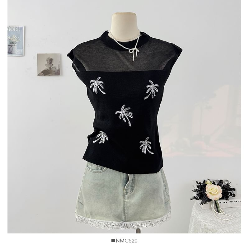 Sequin Sheer Mock-Neck Slim Knit Sleeveless Top