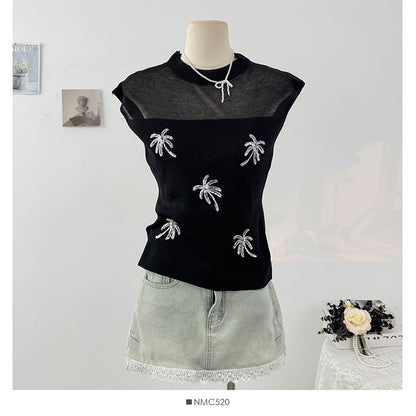 Sequin Sheer Mock-Neck Slim Knit Sleeveless Top