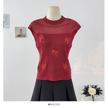 Sequin Sheer Mock-Neck Slim Knit Sleeveless Top