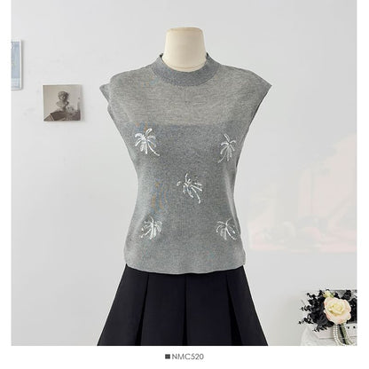 Sequin Sheer Mock-Neck Slim Knit Sleeveless Top