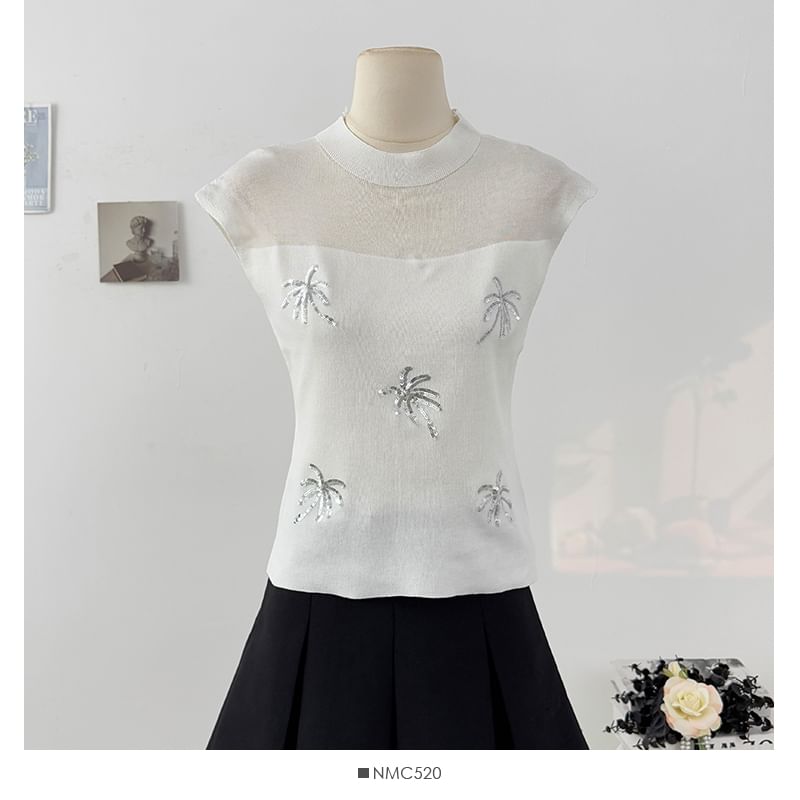 Sequin Sheer Mock-Neck Slim Knit Sleeveless Top