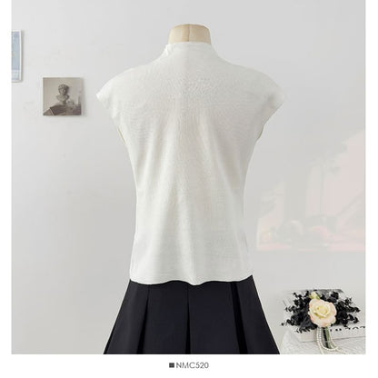 Sequin Sheer Mock-Neck Slim Knit Sleeveless Top