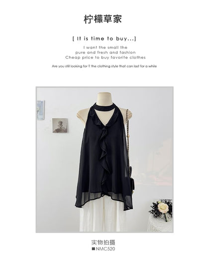 Plain Cutout Flowy Halter Top with Ruffle Trim