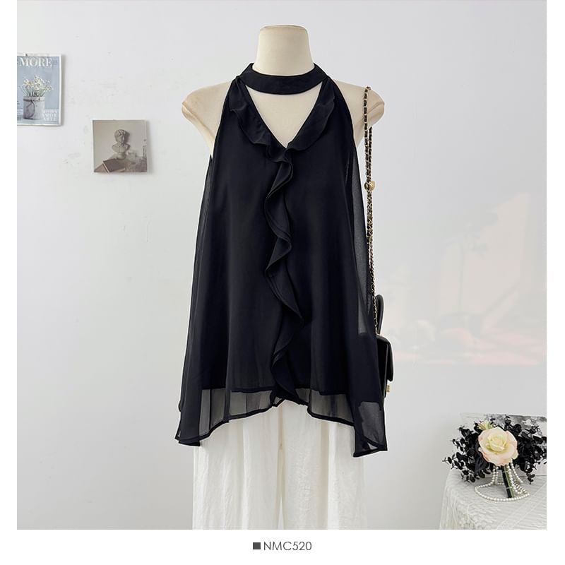 Plain Cutout Flowy Halter Top with Ruffle Trim