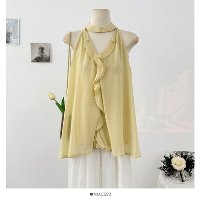 Plain Cutout Flowy Halter Top with Ruffle Trim