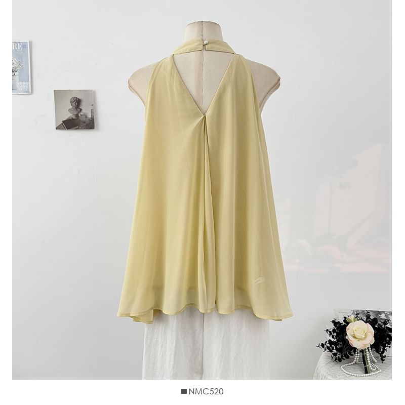 Plain Cutout Flowy Halter Top with Ruffle Trim