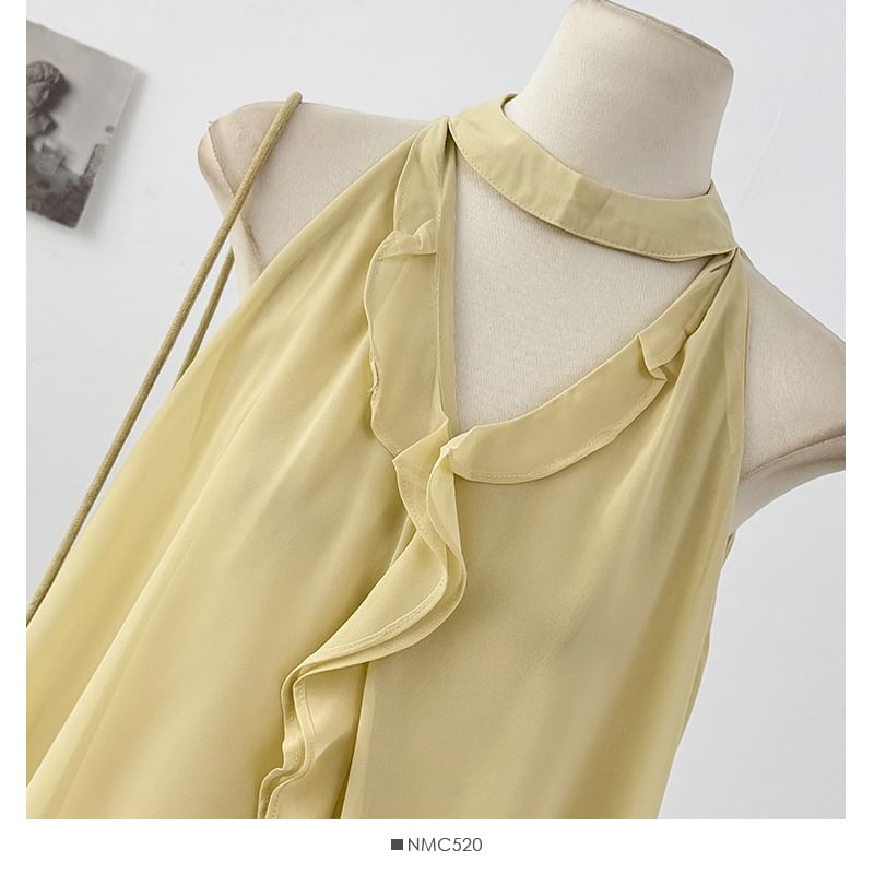 Plain Cutout Flowy Halter Top with Ruffle Trim