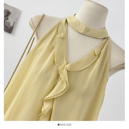 Plain Cutout Flowy Halter Top with Ruffle Trim