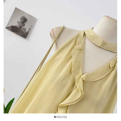 Plain Cutout Flowy Halter Top with Ruffle Trim