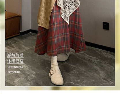 Plaid Patchwork Lace Panel Maxi Skirt
