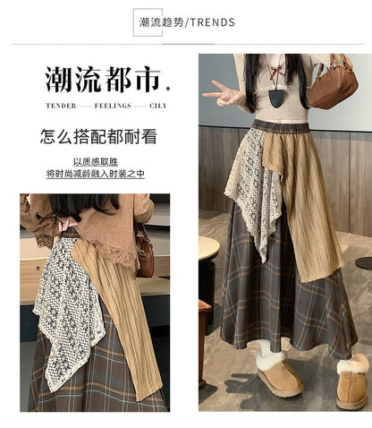 Plaid Patchwork Lace Panel Maxi Skirt