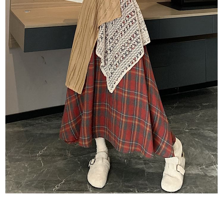Plaid Patchwork Lace Panel Maxi Skirt