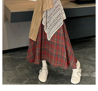 Plaid Patchwork Lace Panel Maxi Skirt