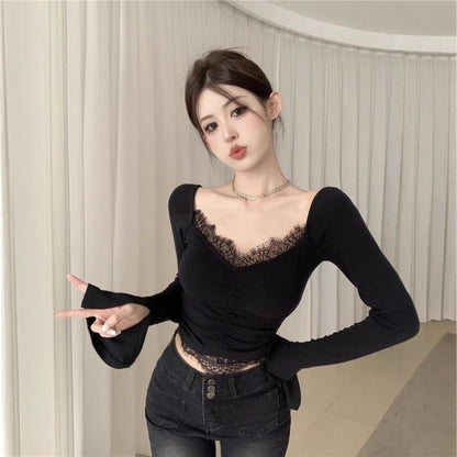 Plain Ruched Lace-Paneled V-Neck Cropped Long-Sleeved Top