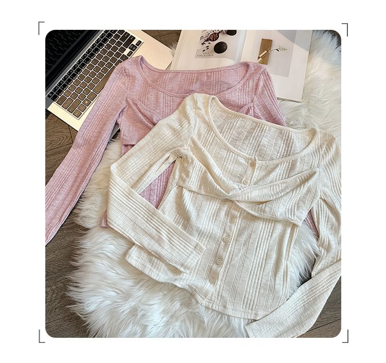 Twist Ribbed Scoop-Neck Button Long-Sleeved T-Shirt