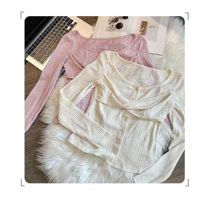 Twist Ribbed Scoop-Neck Button Long-Sleeved T-Shirt
