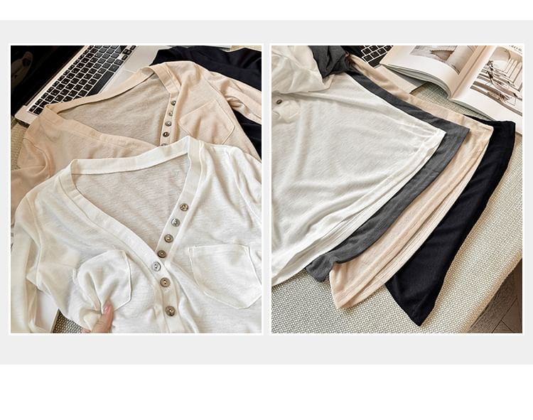 Pocket-Detail Henley Plain Slim Long-Sleeved T-Shirt