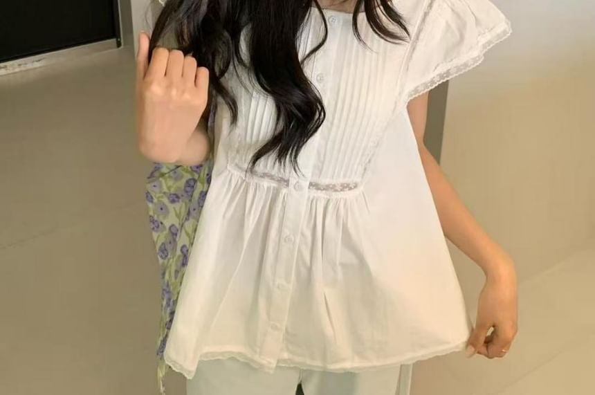 Cap-Sleeve Lace Trim Blouse