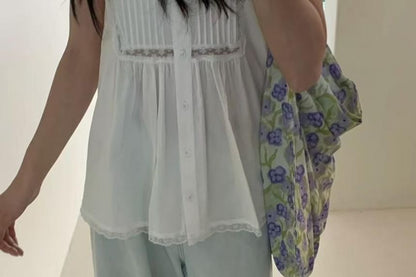 Cap-Sleeve Lace Trim Blouse